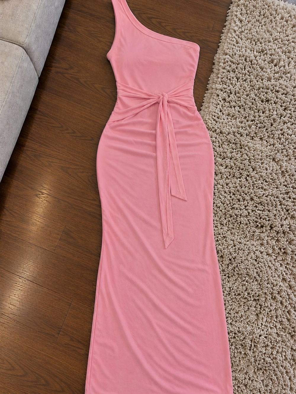 Asymmetrical One-Shoulder Pink Tie-Waist Maxi Dress